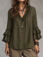 Ruffled Lace Cotton Linen Long-sleeved Blouse