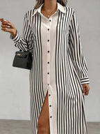 Women's Striped Art Lapel Casual Long Sleeve Cotton Shirt Dress