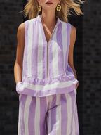 Elegant & Cozy Zipper Striped Cotton-linen Two-piece Set