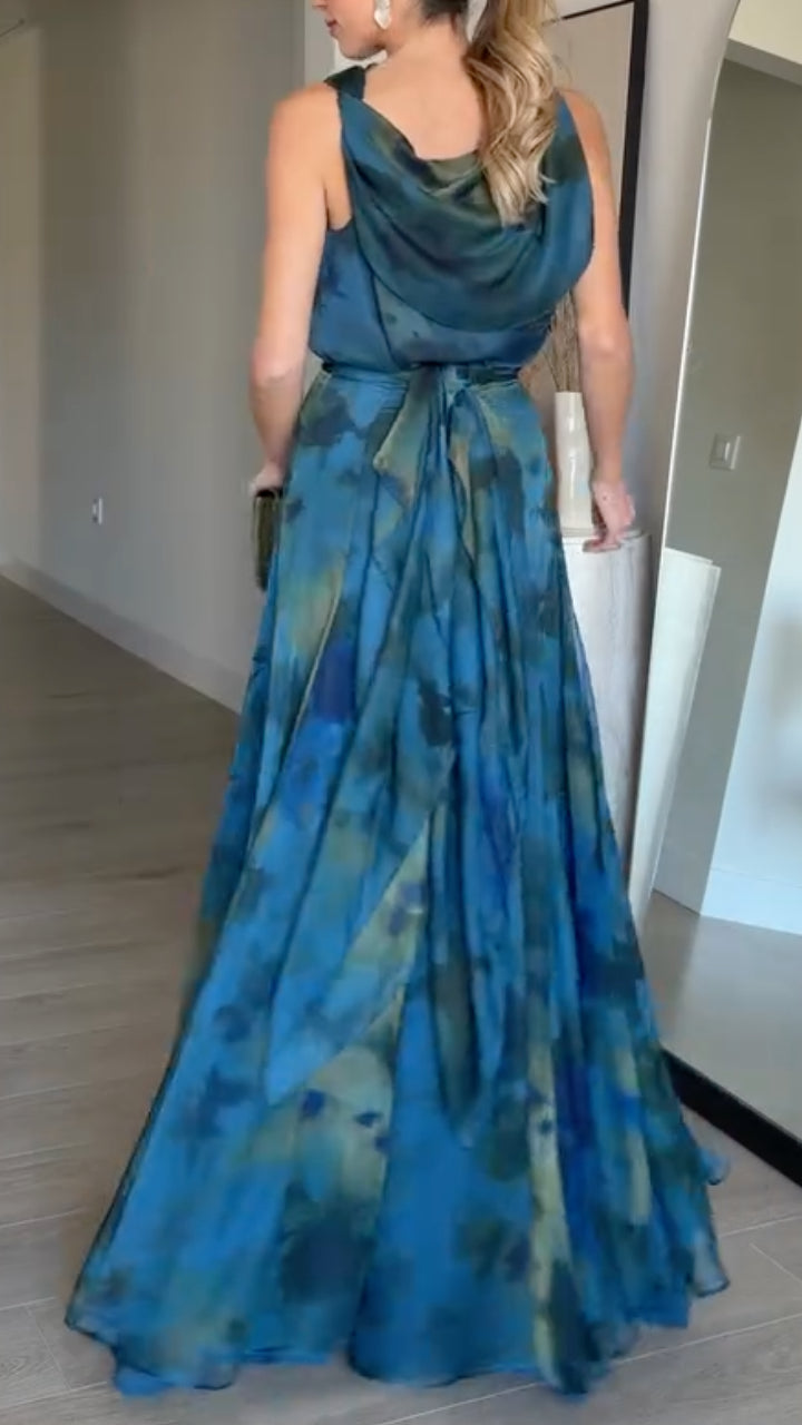 Teal Blue Watercolor Print Asymmetrical Maxi Dressxi DressMaxi Dress