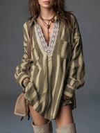 Loose-fit Casual Striped Linen-cotton Mini Dress With Lace Trim