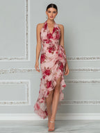 Romantic Floral Halter High-Low Ruffle Maxi Dress