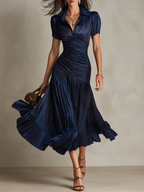 Elegant Draped & Pleated Striped Midi Dress