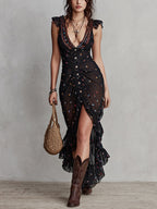 Black Floral V-Neck Dress with Binding and Flounce Sleeves