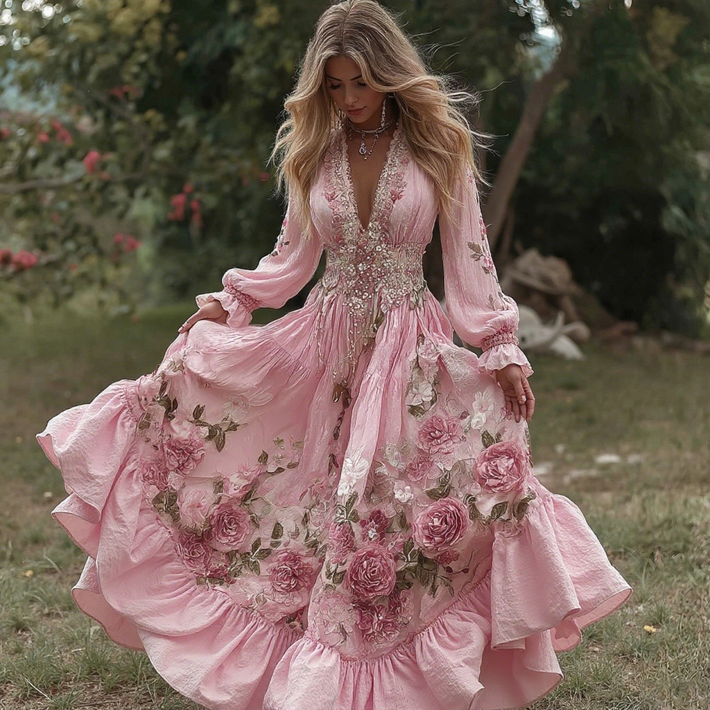 Women's Vintage Roses Embroidery Art V-neck Long Sleeves Maxi Dress