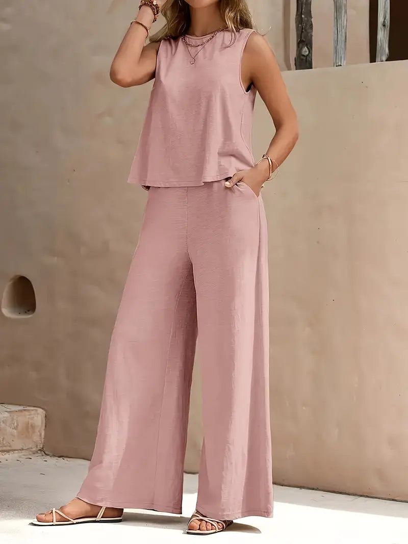 Women's Casual Crew Neck Top And Wide-leg Pants Set
