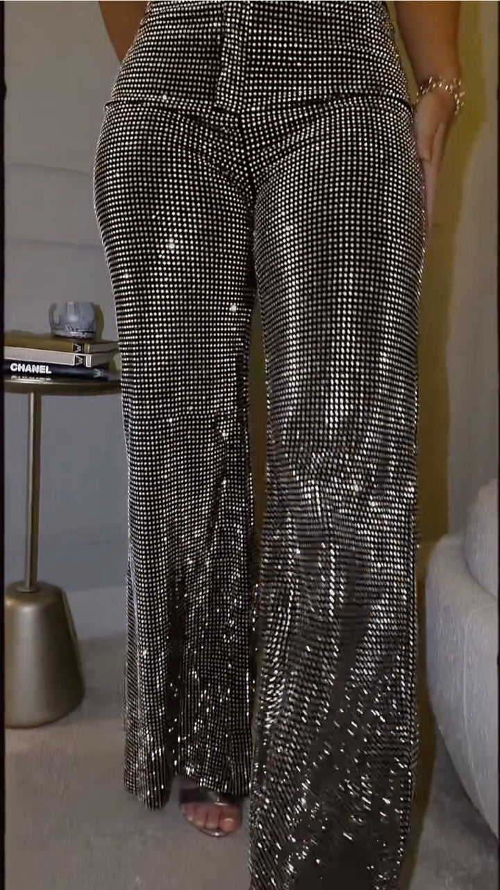 Rhinestone‐Embellished Flare Pants
