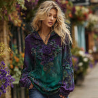 Women's Vintage Rose Floral Embroidery Gradient Comfy Hooded T-shirt