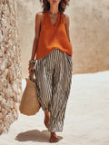 Women's Casual V-neck Halter Top And Striped Pants Set