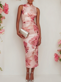 Pink Floral Satin Mock Neck Sleeveless Sheath Midi Dress