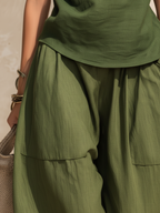 Olive Cowl Neck Sleeveless Linen-Blend Co-ord Set With Drop-Crotch Pants