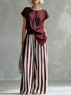 Cozy Loose-fit Striped Cotton-linen Two-piece Set