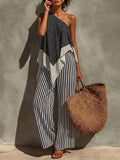 Women's Casual Cotton-linen Set: Off-shoulder Sleeveless Loose-fit Polka-dot Top & High-waisted Striped Wide-leg Pants