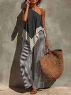 Women's Casual Cotton-linen Set: Off-shoulder Sleeveless Loose-fit Polka-dot Top & High-waisted Striped Wide-leg Pants
