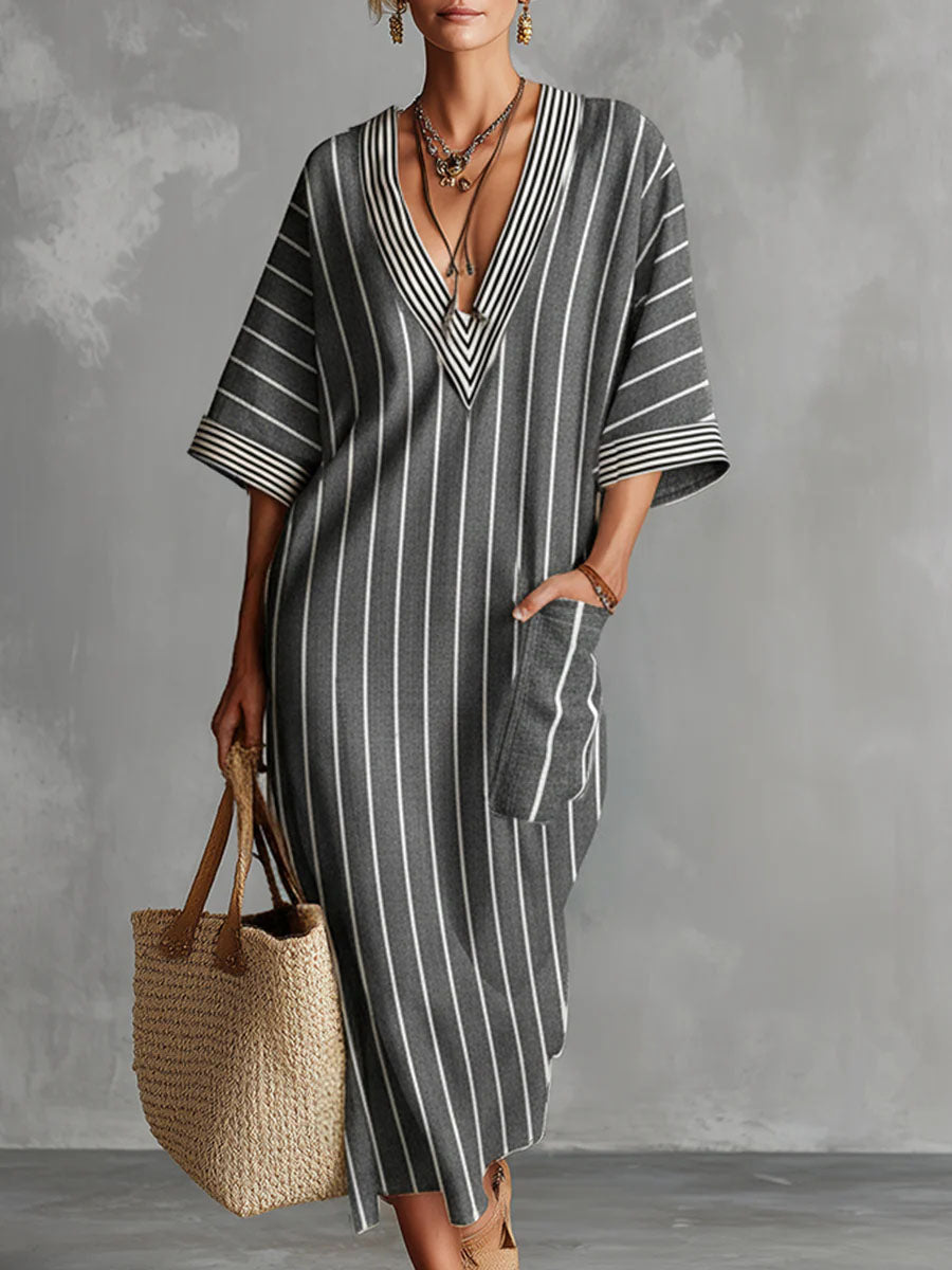 Women's Striped Printed V-neck 3/4 Sleeve Casual Loose Cotton Linen Dress