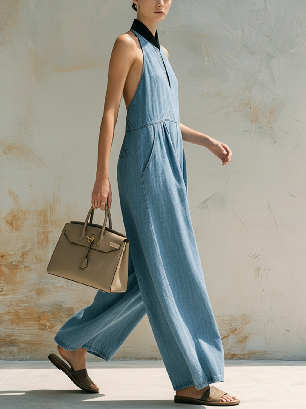 Light Blue Tencel Denim Halter Neck Wide-Leg Jumpsuit