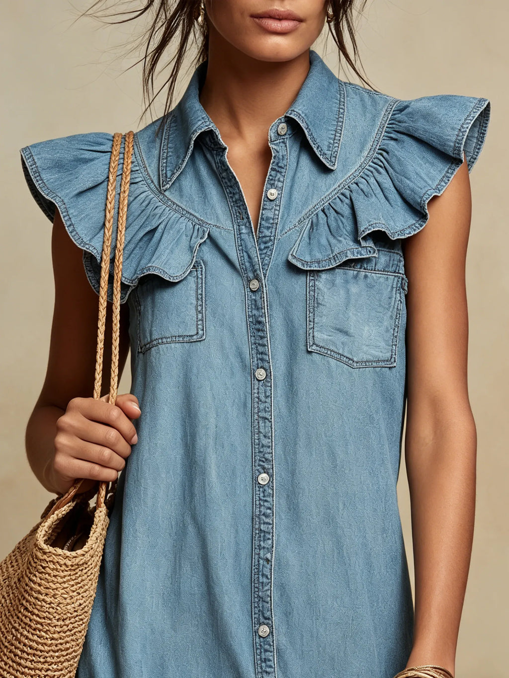 Light Wash Denim Ruffle-Sleeve Button-Down Maxi Dress