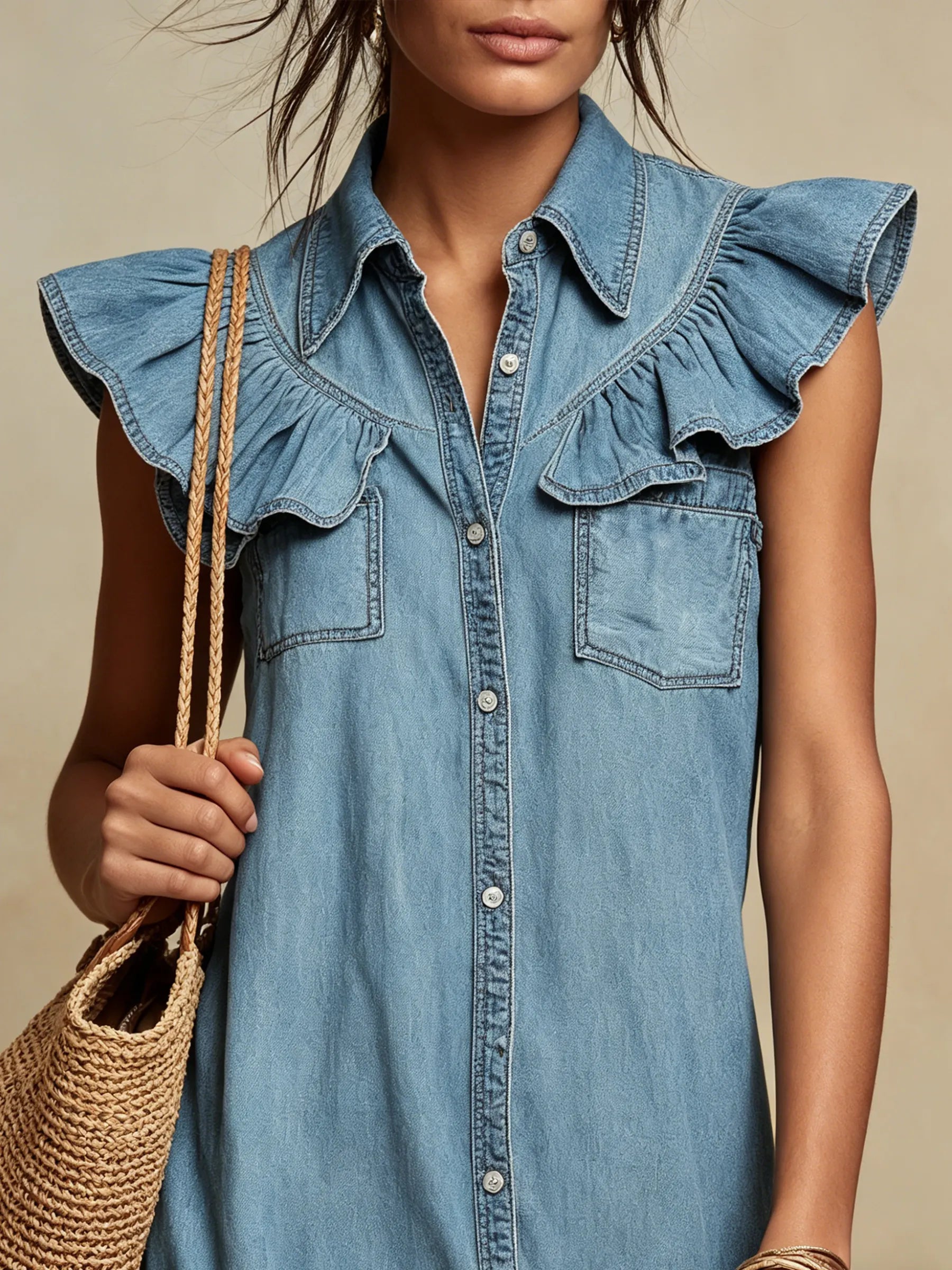 Light Wash Denim Ruffle-Sleeve Button-Down Maxi Dress