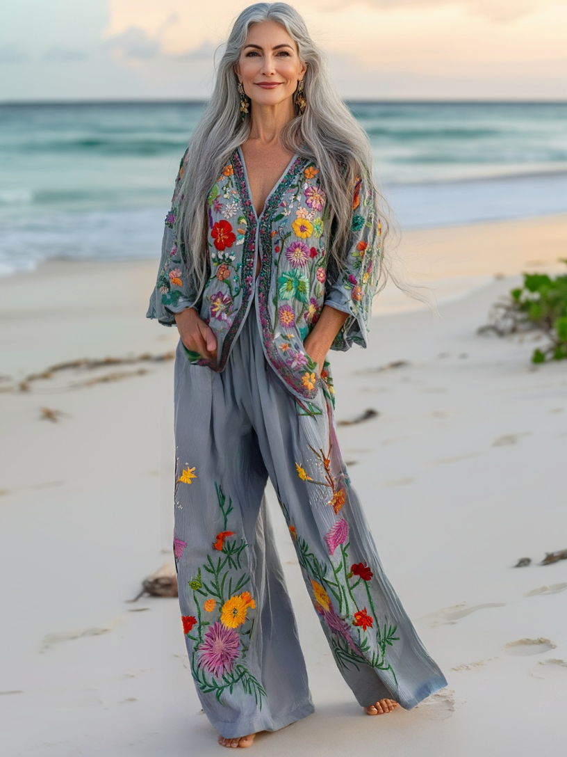 Vacation seaside elegant embroidery top + pant two piece set  2501