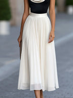 Color-Block Cowl Neck Pleated Midi Dress