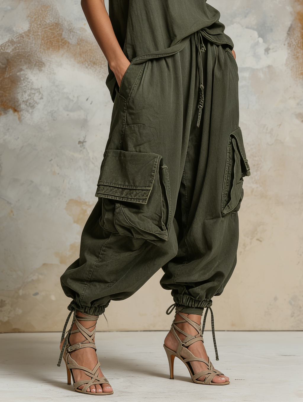 Relaxed Cargo Denim Set Drawstrings At The Cuffs