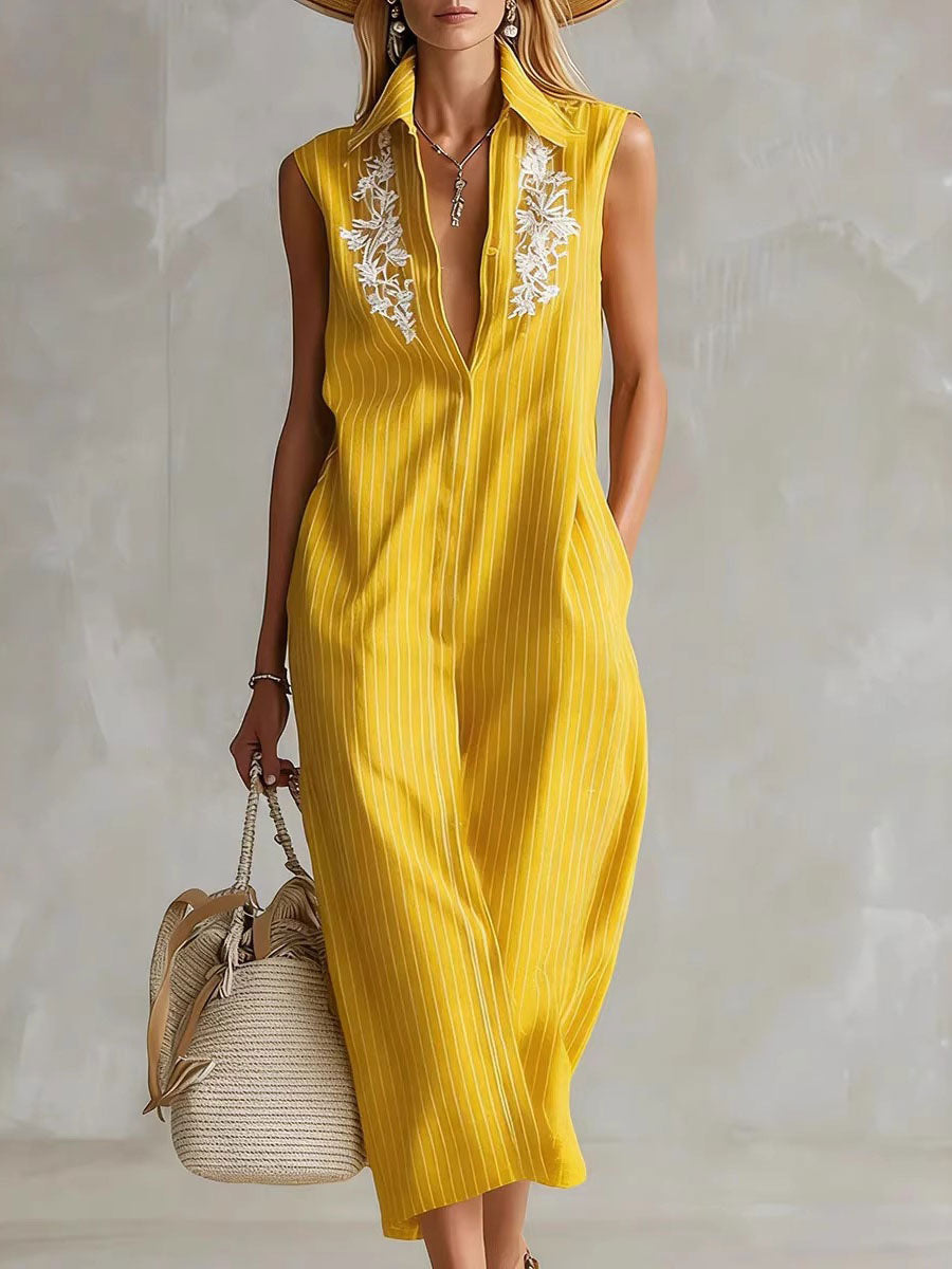 Women's Striped Lapel Sleeveless Loose-fit Casual Shirt Dress