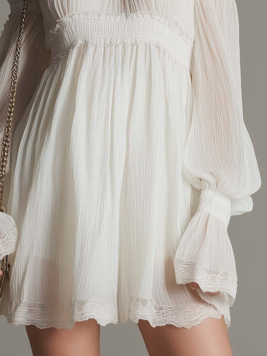 Vintage Cold-Shoulder Chiffon Mini Dress With Lace Trim