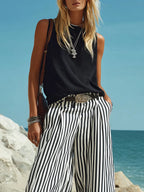 Women's Casual Vacation Cotton Sleeveless Vest And Vertical Striped Wide-leg Pants Set