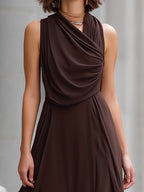 Elegant Brown Draped Cowl Neck Sleeveless Chiffon Maxi Dress