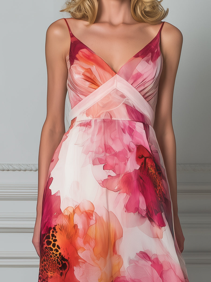 Spaghetti Strap Floral A-Line Midi Dress