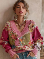 Women's Vintage Bohemian Floral Embroidery Patchwork Art V-neck Cozy Knit Sweater