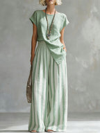 Cozy Loose-fit Striped Cotton-linen Two-piece Set