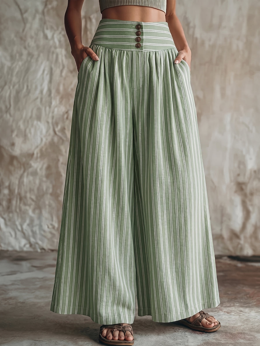 Casual & Cozy Striped High-waisted Cotton-linen Wide-leg Pants