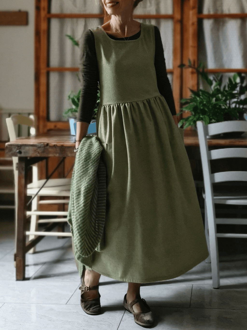 Green and Hazelnut Cotton Apron