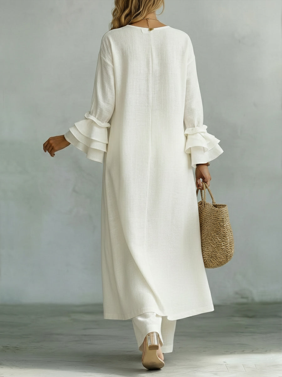 Casual Linen And Cotton Top And Pants Two-piece Set