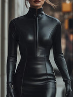 Elegant Black Zip-Up Faux Leather Dress