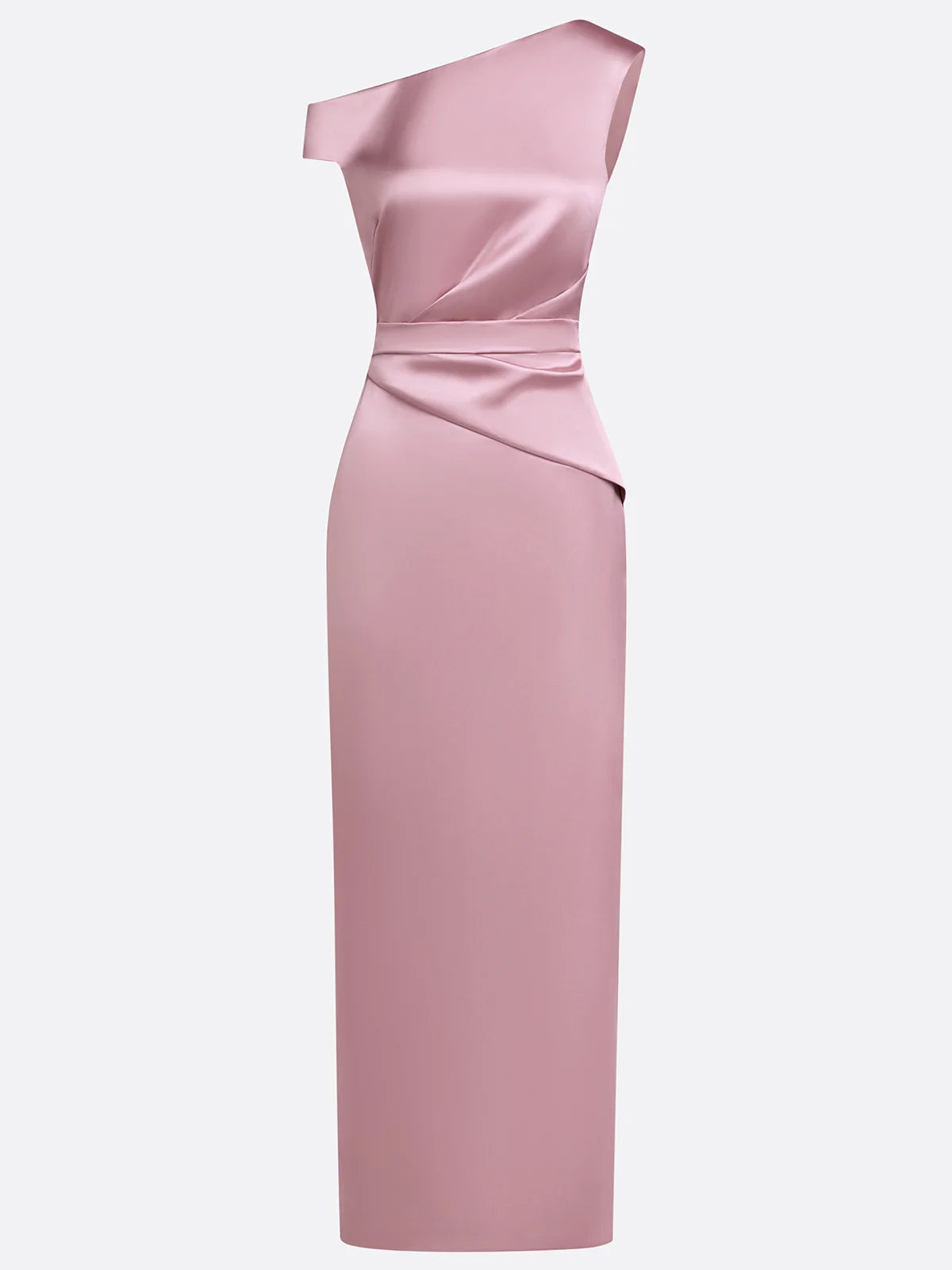 Pink Satin One Shoulder Sleeveless Sheath Gown Dress
