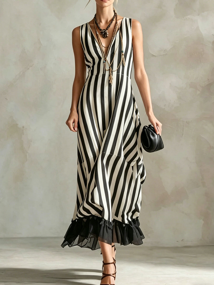 Women's V-neck Striped Mesh-paneled Tank Dress