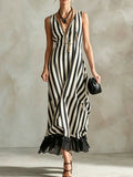 Women's V-neck Striped Mesh-paneled Tank Dress