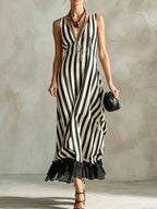 Women's V-neck Striped Mesh-paneled Tank Dress
