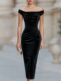 Off-Shoulder Ruched Velvet Midi Dress
