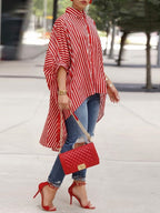 Loose-fit Casual Striped Shirt With High-low Hem