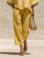 Yellow Linen-Blend Contrast Trim Two-Piece Set