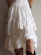 Retro Boho White Corset Tiered Midi Dress With Lace-Trim