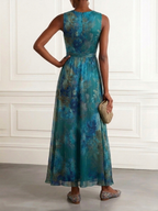 Blue Green Floral Pleated Chiffon V-neck A-line Maxi Dress