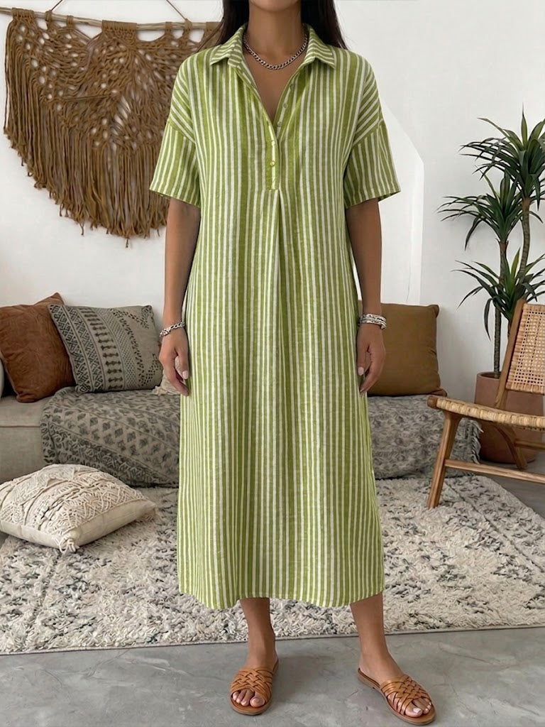 Casual Stripe Polo Collar Linen And Cotton Short-sleeved Dress