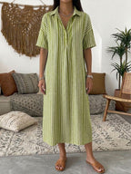 Casual Stripe Polo Collar Linen And Cotton Short-sleeved Dress