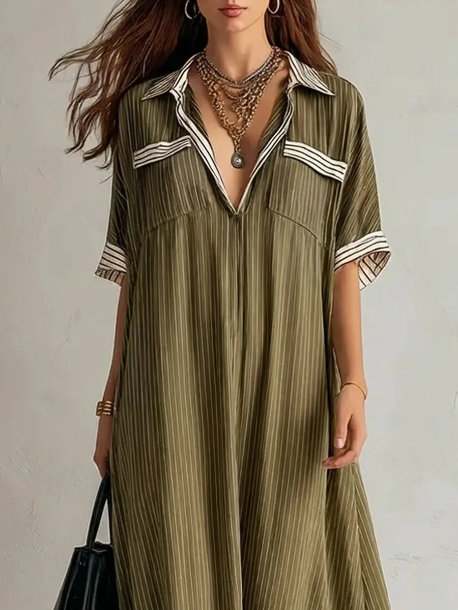 Women's Retro Striped Art Casual Lapel Stylish Cotton Dress