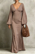 Retro Striped Lantern-sleeve Dress