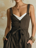 Tie-Waist Button-Front Utility Jumpsuit With Ankle Ties